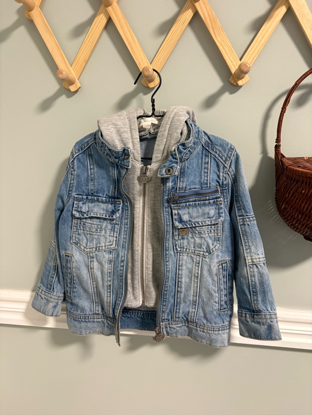 Appaman Kids Light Wash Denim Jacket with Attached Gray Hoodie